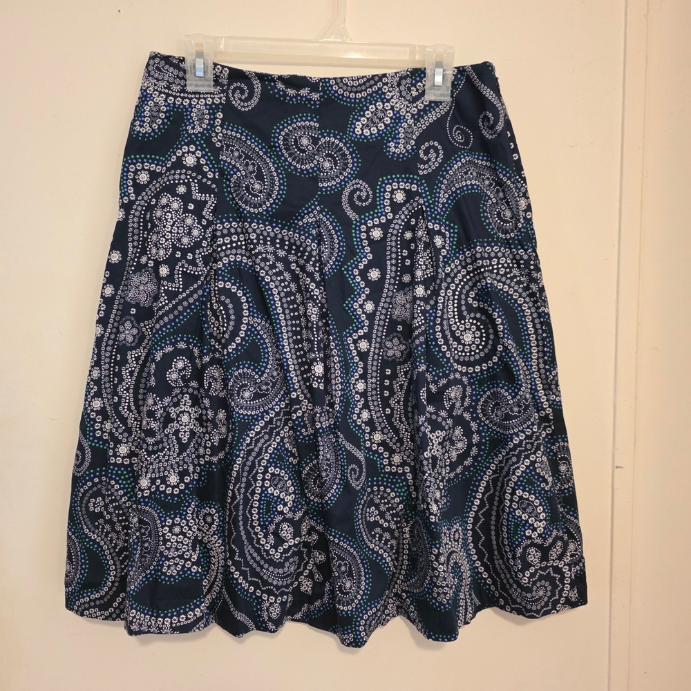 Talbots Womens Paisley Skirt Size 10 Navy Blue Cotton A Line Knee Length